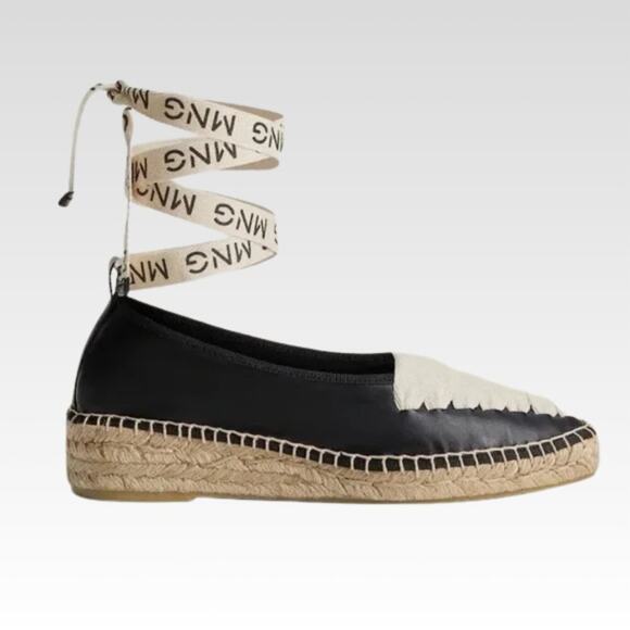 Mango MNG Leather Lace Ankle Wrap Espadrilles Size 38 EU, 7.5-8 US Black Cream - Picture 1 of 10